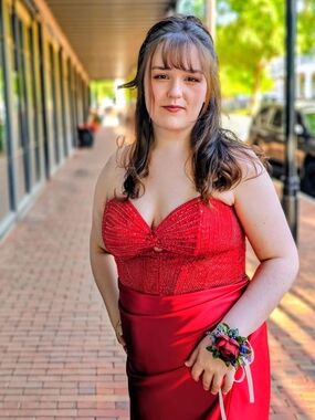 Strapless Red Beaded Prom Gown with Satin Skirt